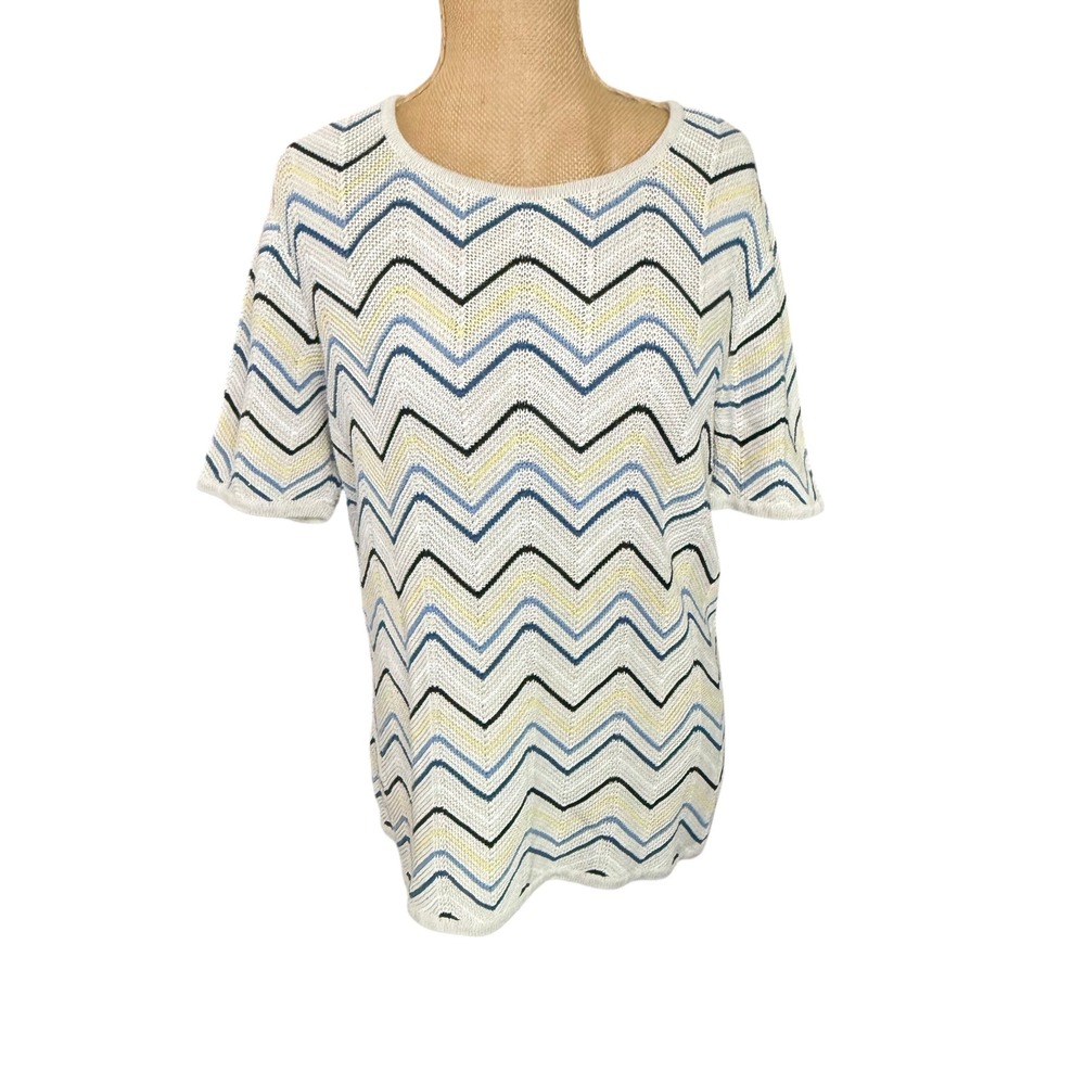 Talbots Women's Zig Zag Knit Top Short Sleeve Cream Blue‎ Yellow M